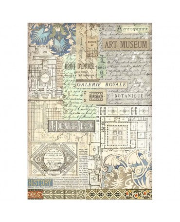 Papel arroz Stamperia A4 ART OF TRAVELLING MUSEUM BACKGROUND 1