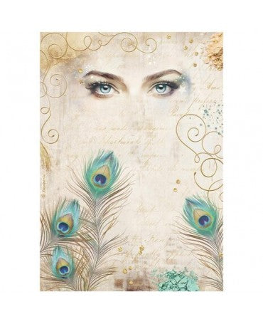 Papel arroz Stamperia A4 Masquerade Eyes And Feathers 1