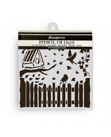 STENCIL Stamperia 18x18cm House of Roses Fence and Birds 2
