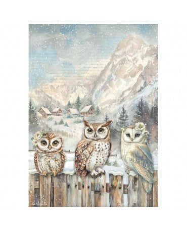 Papel arroz Stamperia A4 OWL´S HOUSE trio buhos 1