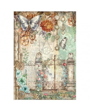 Papel arroz Stamperia A4 Gardens of Time Gate and Butterfly 1