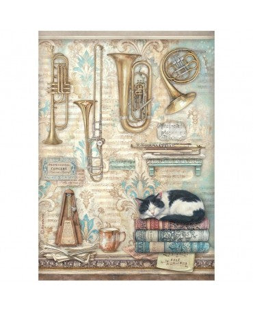 Papel arroz Stamperia A4 Symphony Trumpets and Cat 1