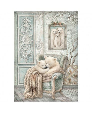 Papel arroz Stamperia A4 White Christmas Cozy Bears 1
