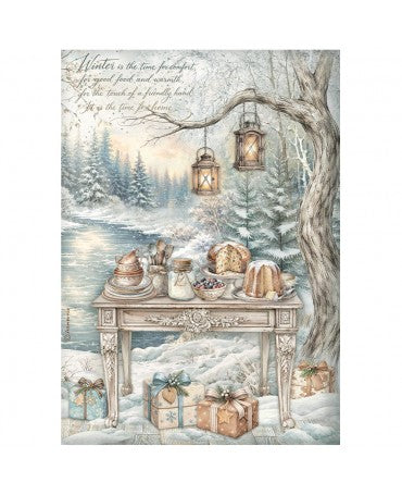 Papel arroz Stamperia A4 White Christmas Festive Table by the Lake 1