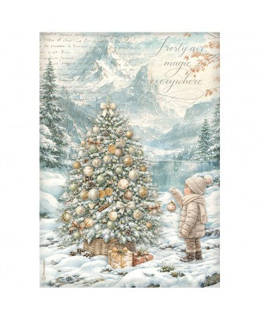 Papel arroz Stamperia A4 White Christmas Tree by the Lake 1