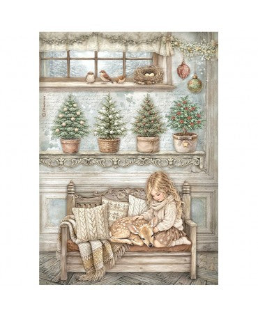 Papel arroz Stamperia A4 White Christmas Little Girl and a Fawn 1