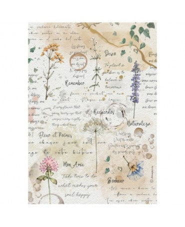 Papel arroz Stamperia A4 Flowers and Poems flowers and writings 1