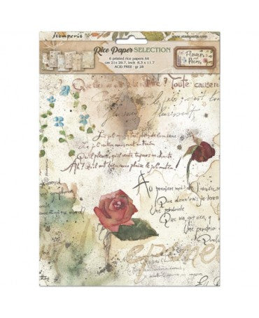 Papel arroz Stamperia A4 (6UD) Flowers and Poems 1