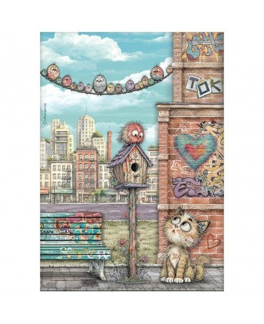 Papel arroz Stamperia A4 Furry Friends 2 Cat and Birds 1