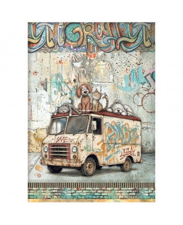 Papel arroz Stamperia A4 Furry Friends 2 Beater Truck 1