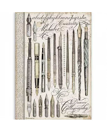Papel arroz Stamperia A4 Calligraphy Vintage pens 1