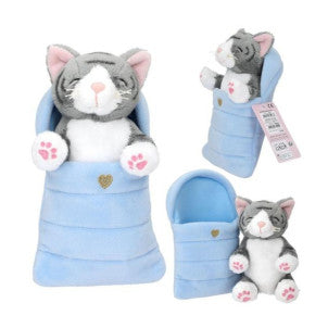 Gato gris con saco de dormir azul top model 1