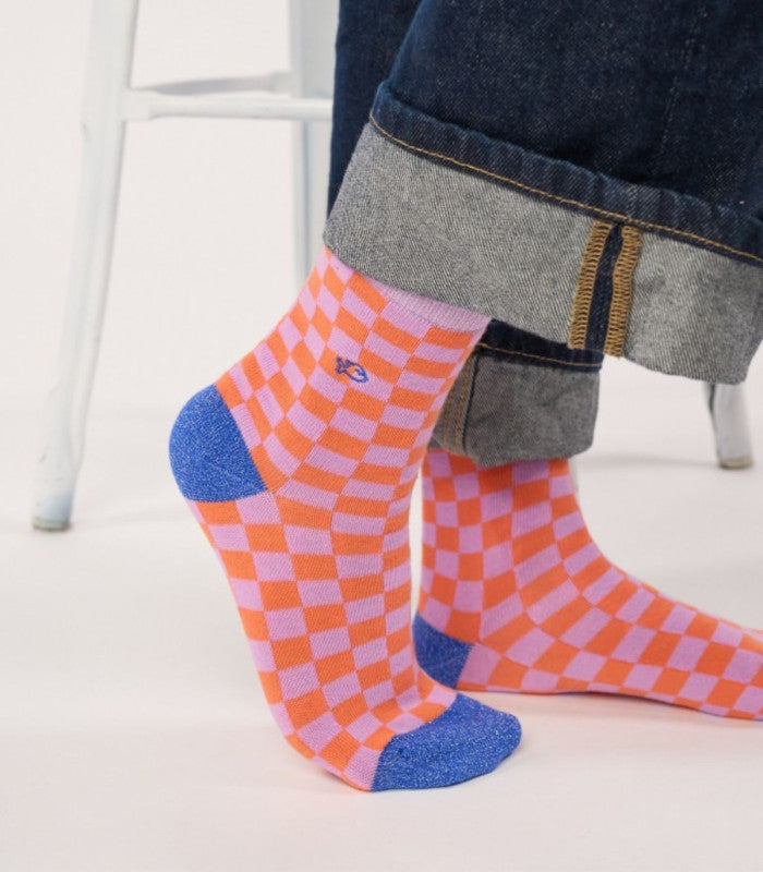 Calcetines mujer billy belt checked orange and purple 1