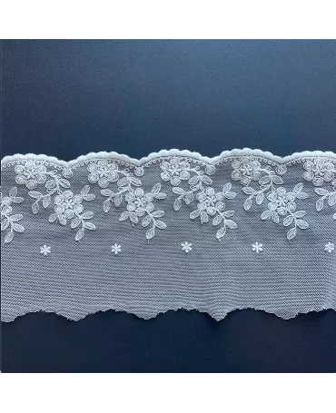 PUNTILLA Bordado tul 120 mm Onda Rama-Flor Beig 1