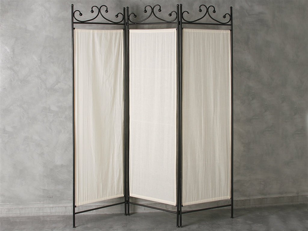 Biombo de metal pintado en negro con tela blanca - Dendago