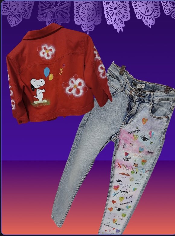 Chaqueta roja y pantalón vaquero niña - Dendago