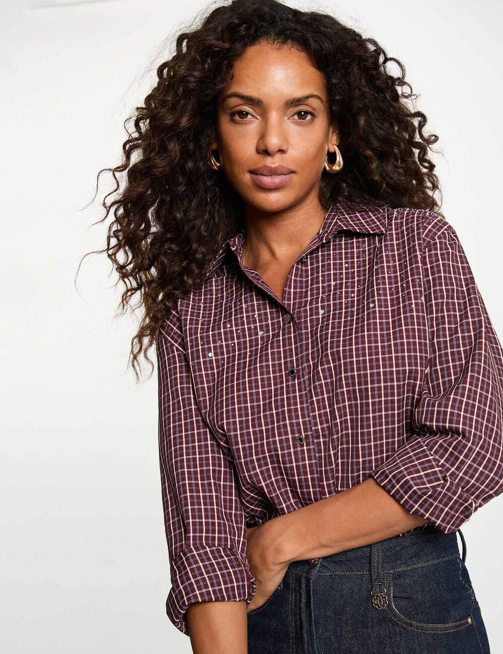 Camisa de cuadros con strass burdeos morgan