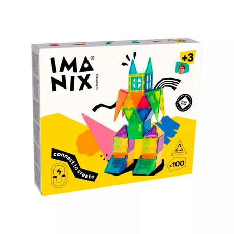Juego de construcción magnético Imanix Classic de 100 piezas con bloques geométricos de colores para crear estructuras y fomentar la creatividad infantil.