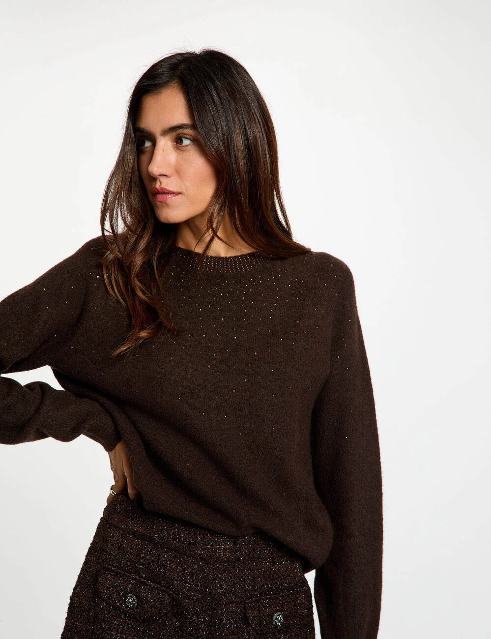  Jersey ajustado con strass marrón oscuro morgan