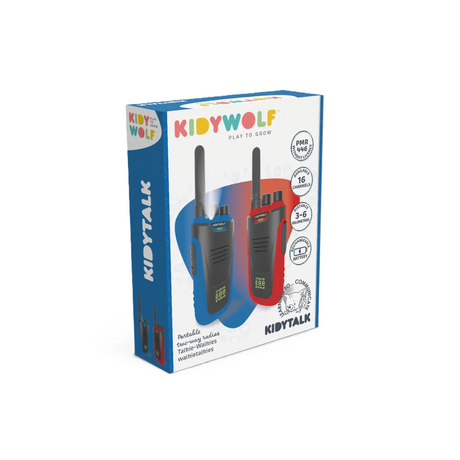 Walkie talkies infantiles de Kidywolf diseñados para que los niños se comuniquen durante juegos, aventuras y actividades al aire libre.