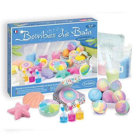 Contenido del kit Sentosphère con pipetas, moldes de flores, colorantes y bicarbonato de sodio.