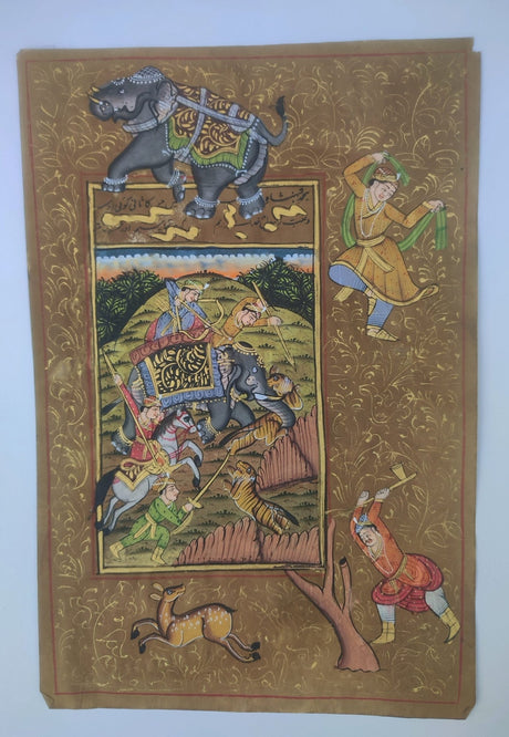 Lámina india pintada, escena de caza en elefante - Dendago