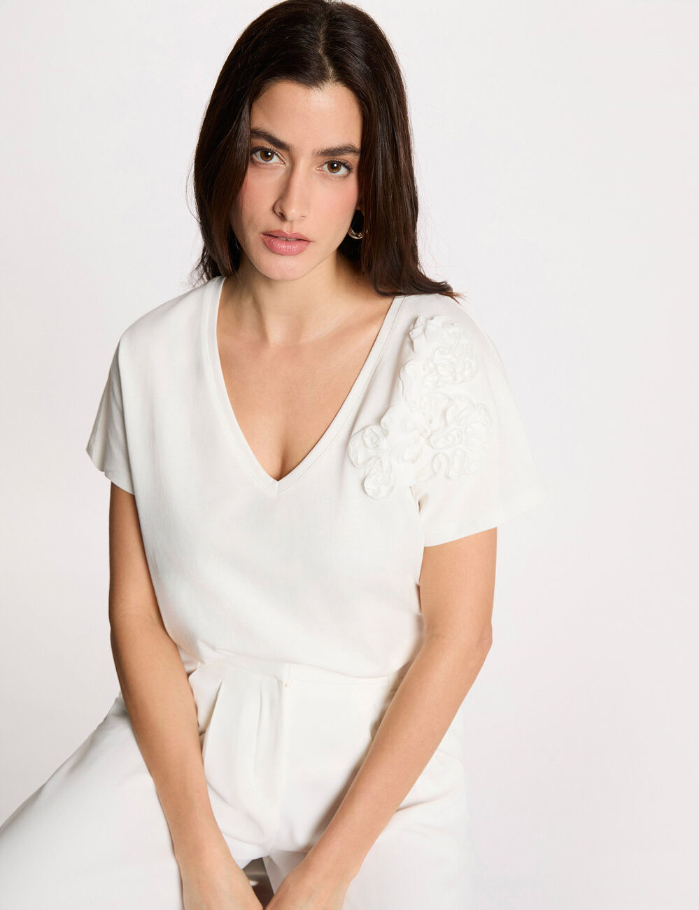 Camiseta cuello V manga corta blanca Morgan