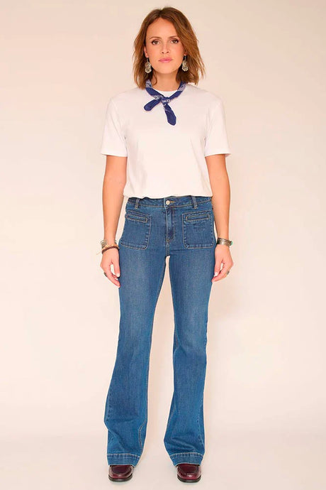 PANTALÓN DENIM AZUL ACAMPANADO BOLSILLLOS MKT 1