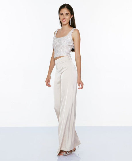 PANTALON RECTO RASO BEIGE - Dendago