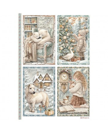 Papel arroz Stamperia A4 White Christmas 4 cards 1