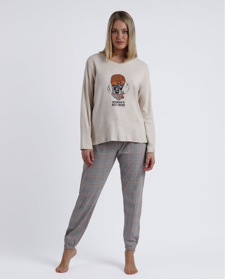 Pijama Manga Larga Puppy para Mujer BEIGE - Dendago