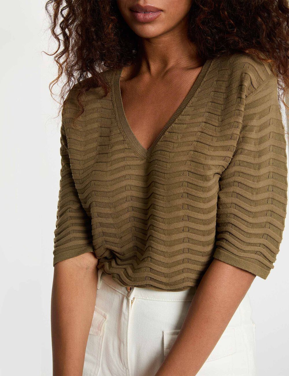 Jersey cuello v mangas 3/4 verde caqui Morgan