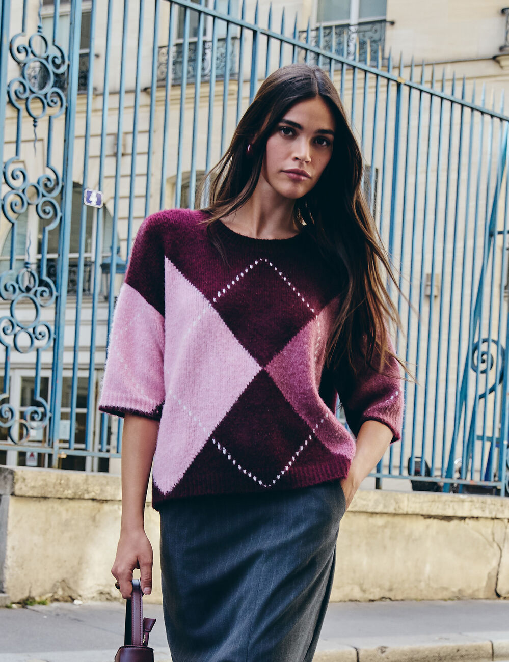 Jersey jacquard cuello redondo ciruela morgan