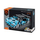 Coche de carreras azul iM.Master de 422 piezas construido con bloques de construcción estilo Lego Technic, con alerón deportivo y sistema de retrofricción pull-back.