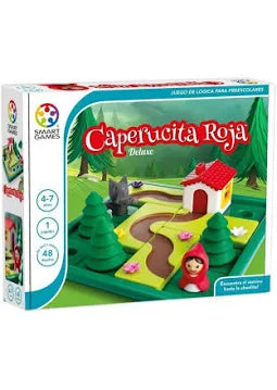 Juego de lógica Smart Games Caperucita Roja con piezas de cuento para resolver retos infantiles colocando personajes y elementos del bosque, fomentando la concentración y el pensamiento lógico.