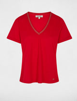 Camiseta con cuello en v con perlas rojo Morgan