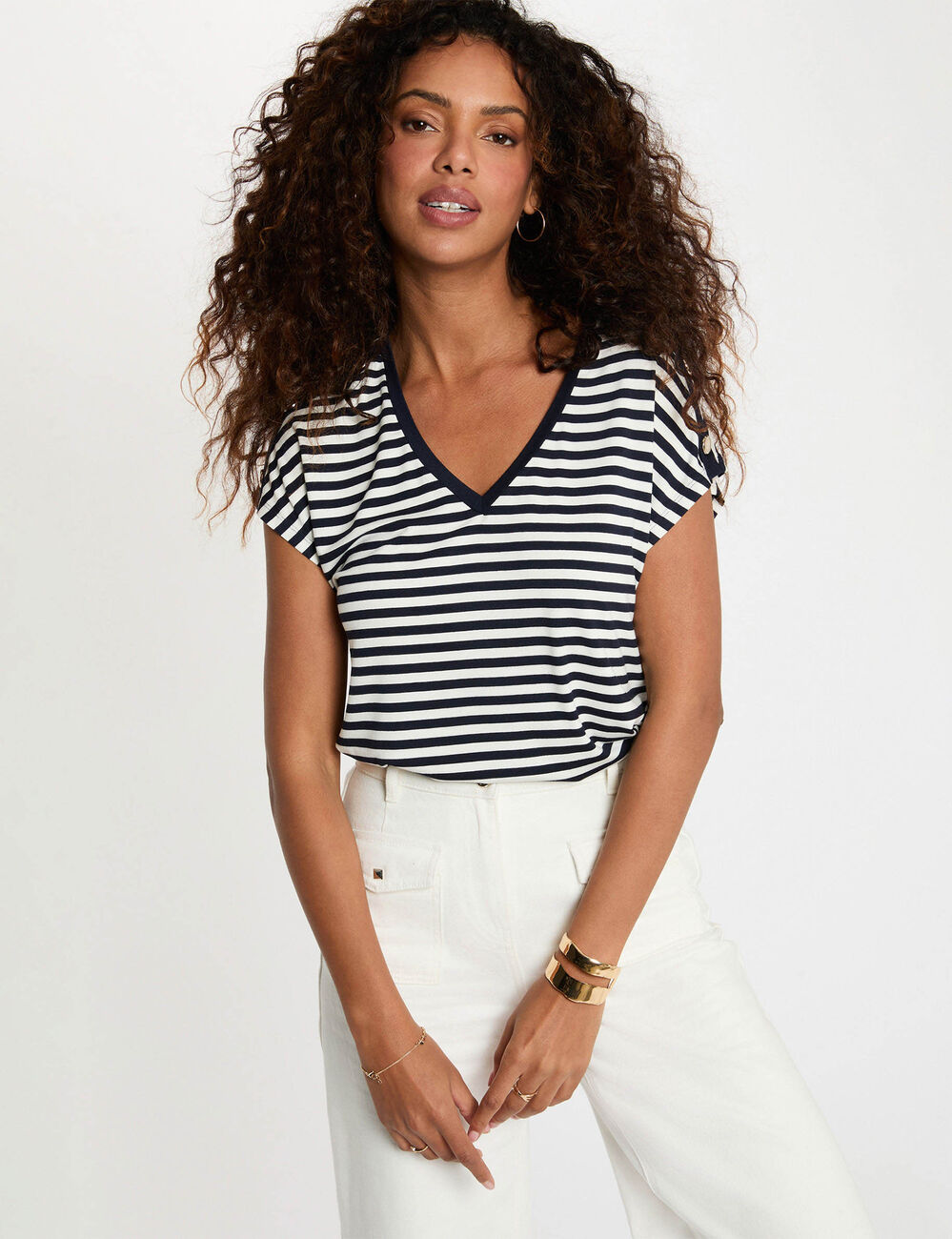 Camiseta de rayas con cuello v azul marino Morgan