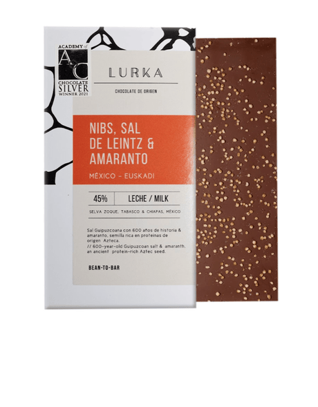 Tableta Lurka, chocolate con leche, amaranto, nibs & sal de Leintz - Dendago