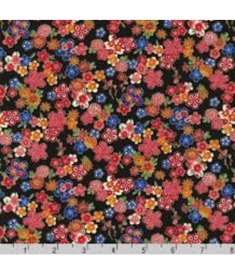 Tela Japonesa Sevenberry Sakura Brook Metallic Oriental 850288D1-3 Floral Azul 1