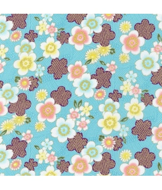 Tela Japonesa Sevenberry Sakura Brook Metallic Oriental 850288D3-2 Floral Azul 1