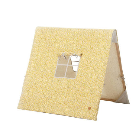 Tienda plegable 100% algodón orgánco y madera. Estampado amarilla dibujos blanco - Dendago