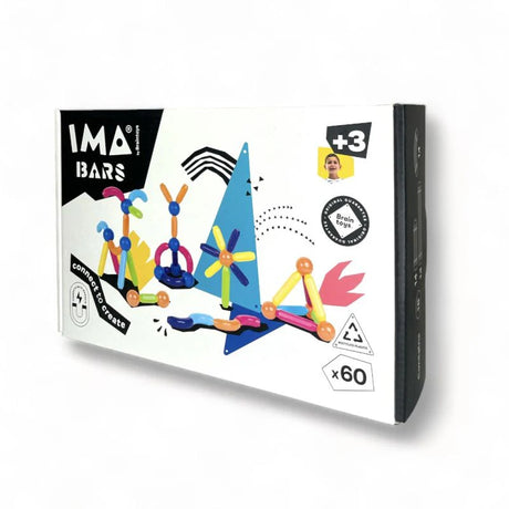 Set Imanix Bars de 60 piezas magnéticas alargadas de colores para construcción de estructuras creativas en 2D y 3D, fomentando el juego educativo y la imaginación infantil.