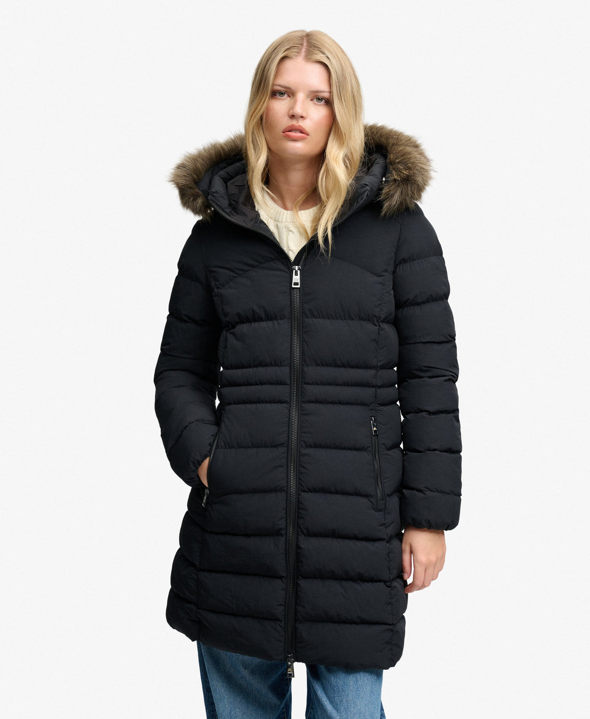 Abrigo Fuji de media longitud con capucha y piel sintética negro Superdry&Co
