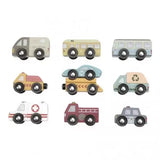 Set de coches de juguete de madera Little Dutch en colores pastel, que incluye ambulancia, coche de policía, autobús y camiones de servicio compatibles con vías.