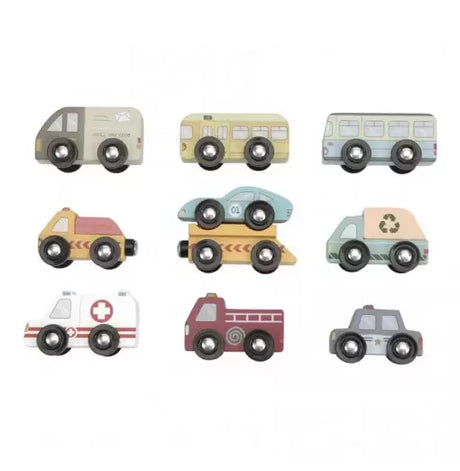 Set de coches de juguete de madera Little Dutch en colores pastel, que incluye ambulancia, coche de policía, autobús y camiones de servicio compatibles con vías.
