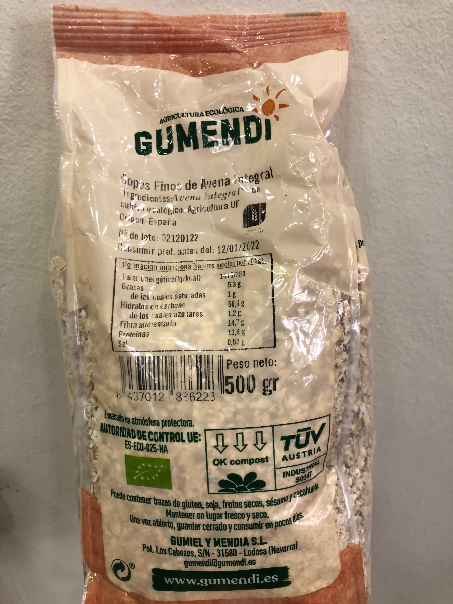 Copos finos avena integral Gumendi 500 g