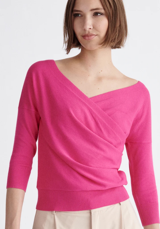 PAISIE Top cruzado de punto rosa fucsia