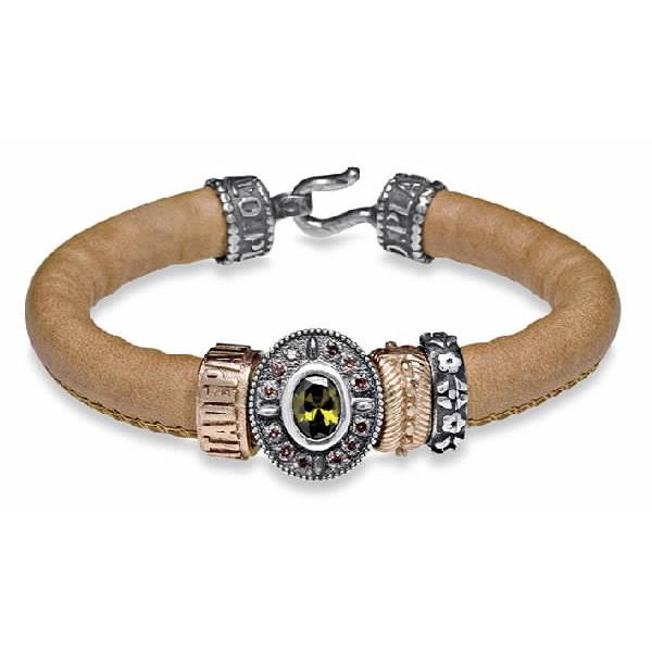 Pulsera Mujer Plata de Ley Bronce Cuero Olivina