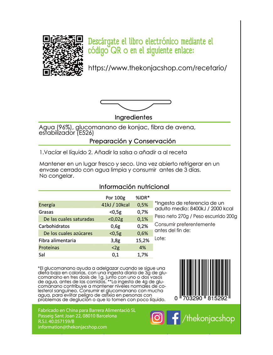 TALLARINES DE ESPINACAS (Pasta Shirataki de Konjac) 200g - APTO PARA DIETA KETO