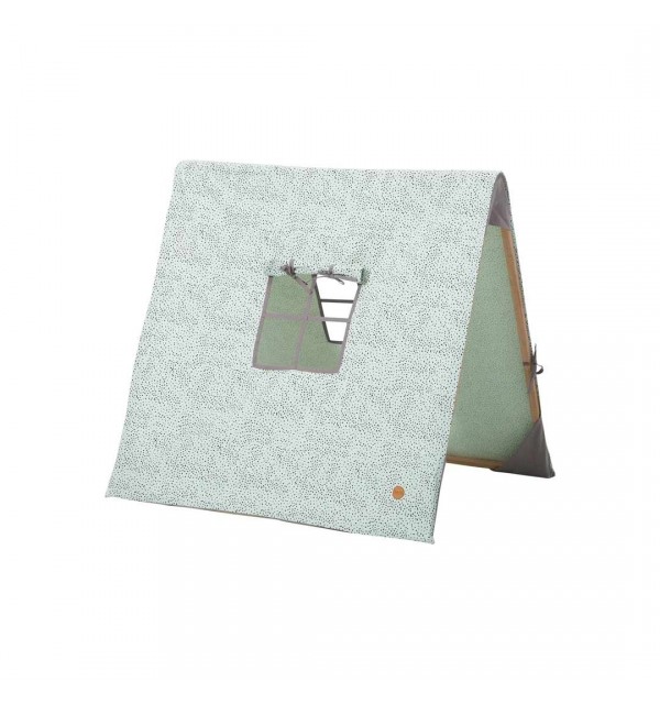 Tienda plegable 100% algodón orgánico y madera. Verde mint puntos negro